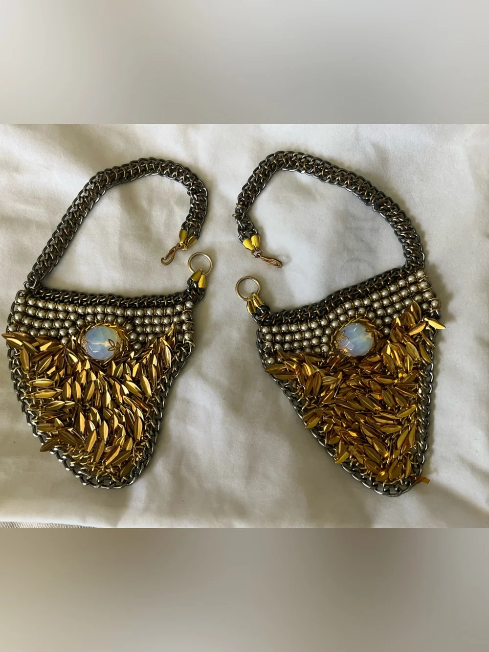 Gold-Tone Beaded Statement Ankle Bracelet Pair with Opalescent Stones
